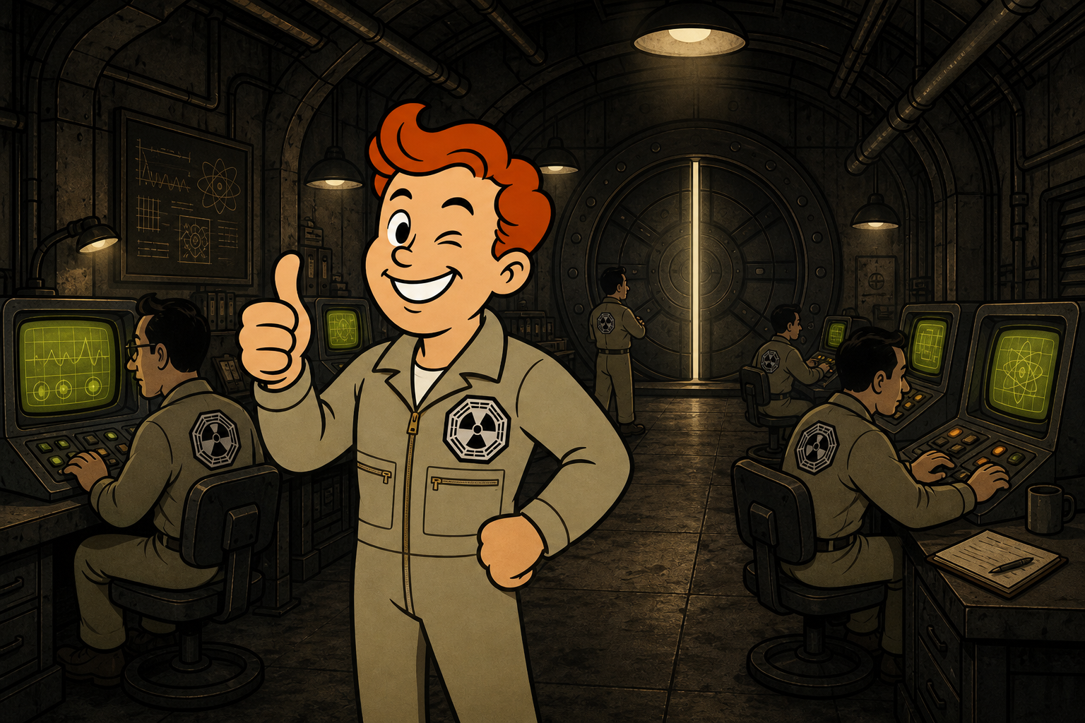 RAD in a khaki hatch suit, thumbs up at the terminals