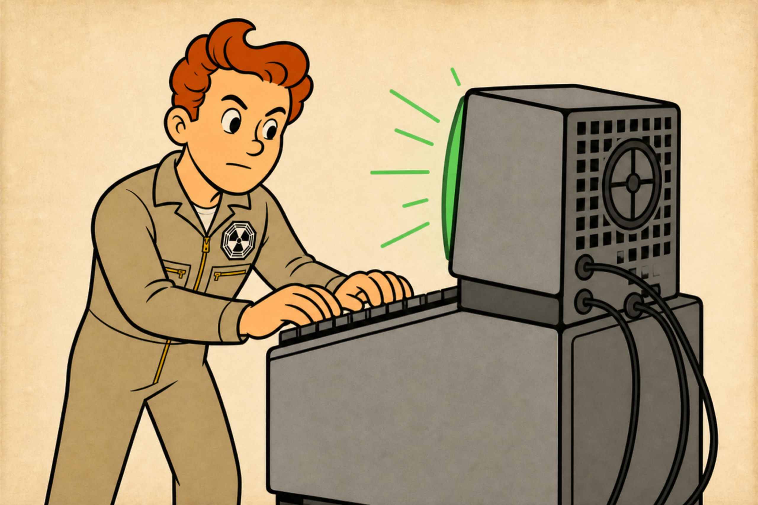 RAD in a khaki jumpsuit thinking at a glowing green CRT terminal
